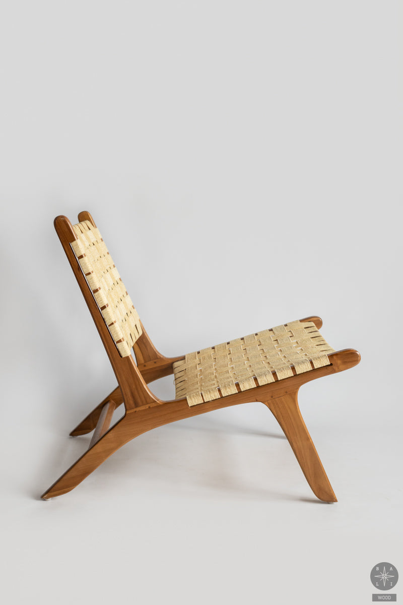 Teak wood low chair with fabric