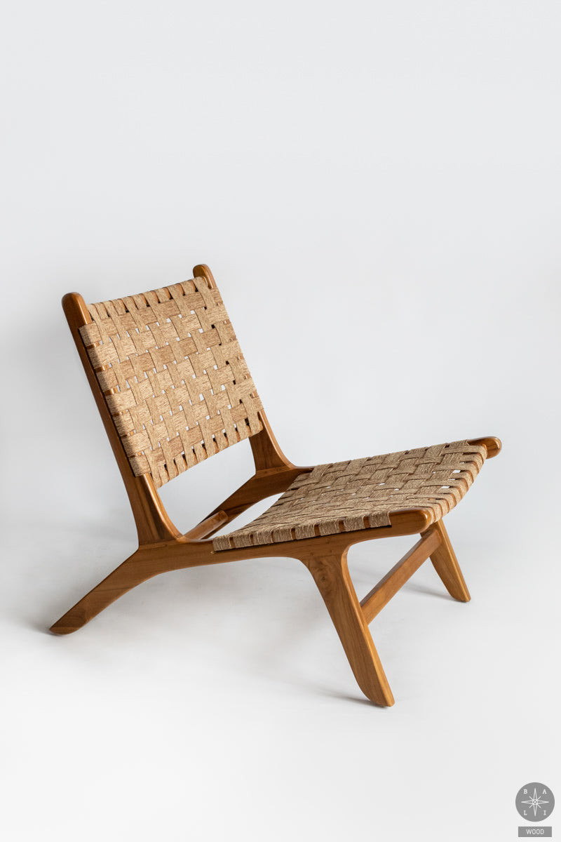 Teak wood low chair with fabric