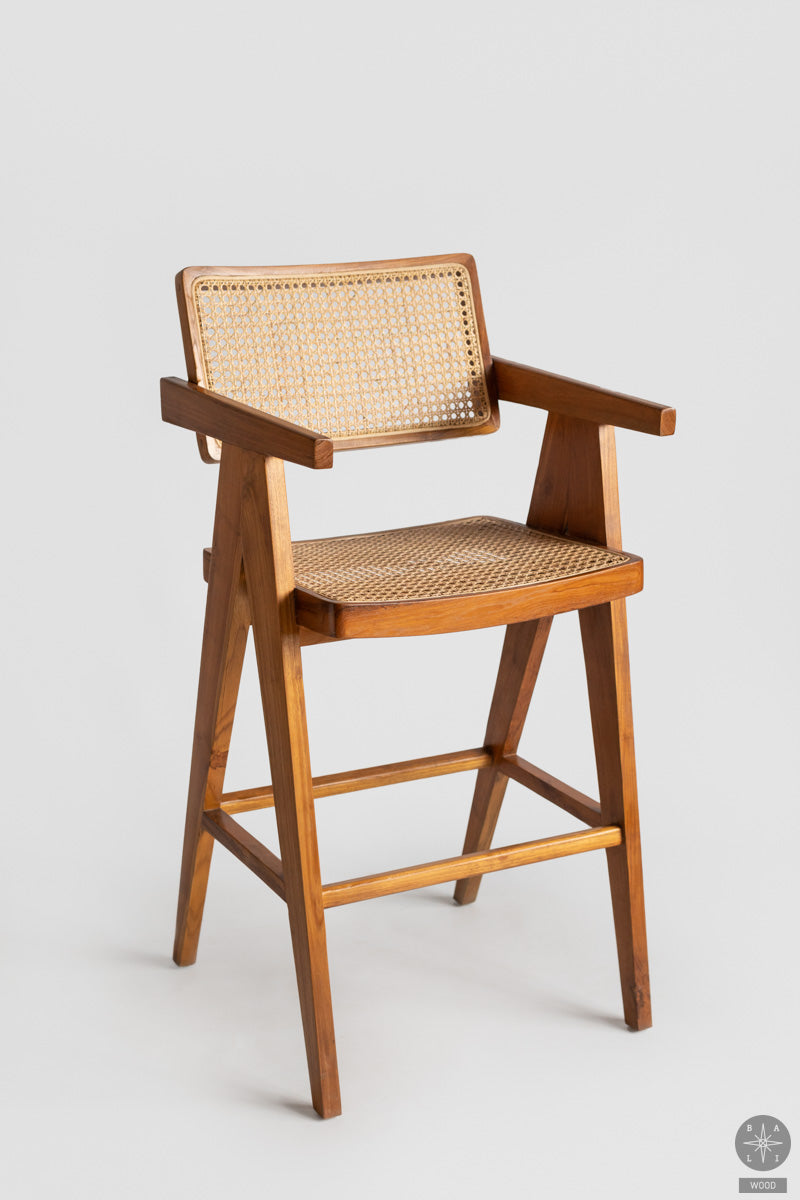 Bar stool made of teakwood and rattan
