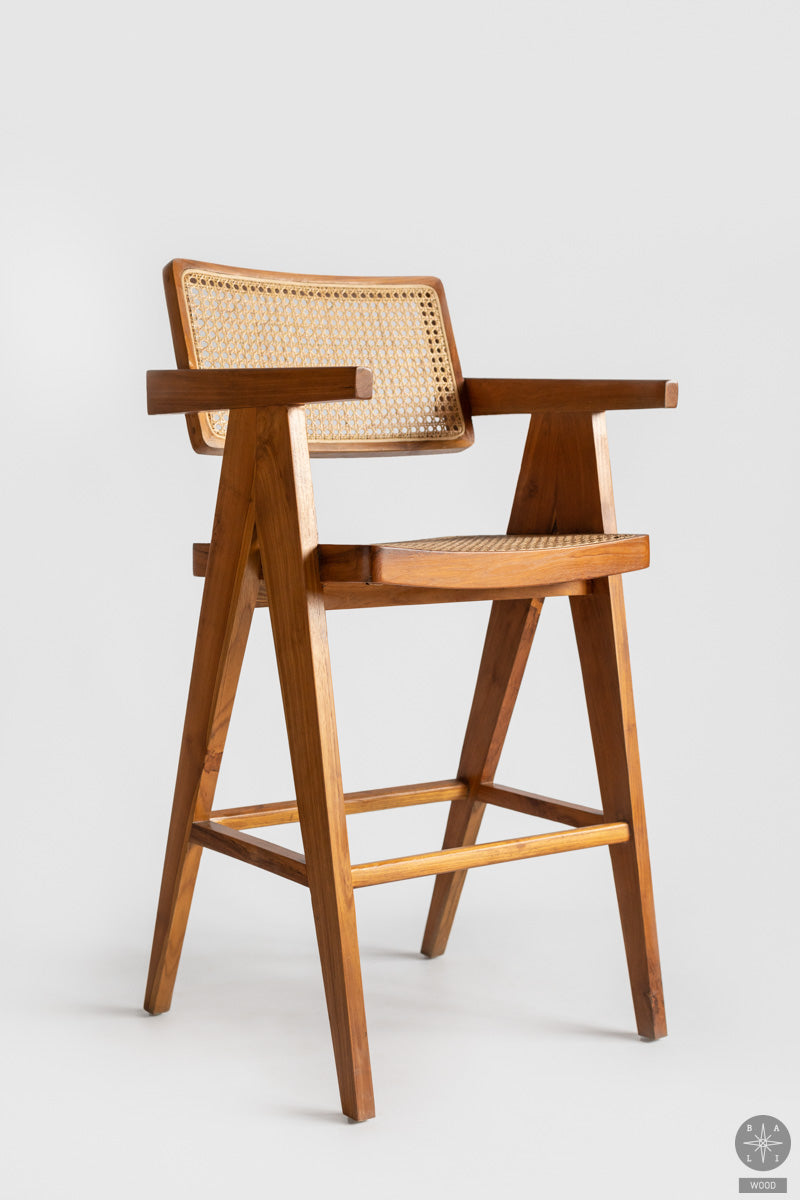Bar stool made of teakwood and rattan