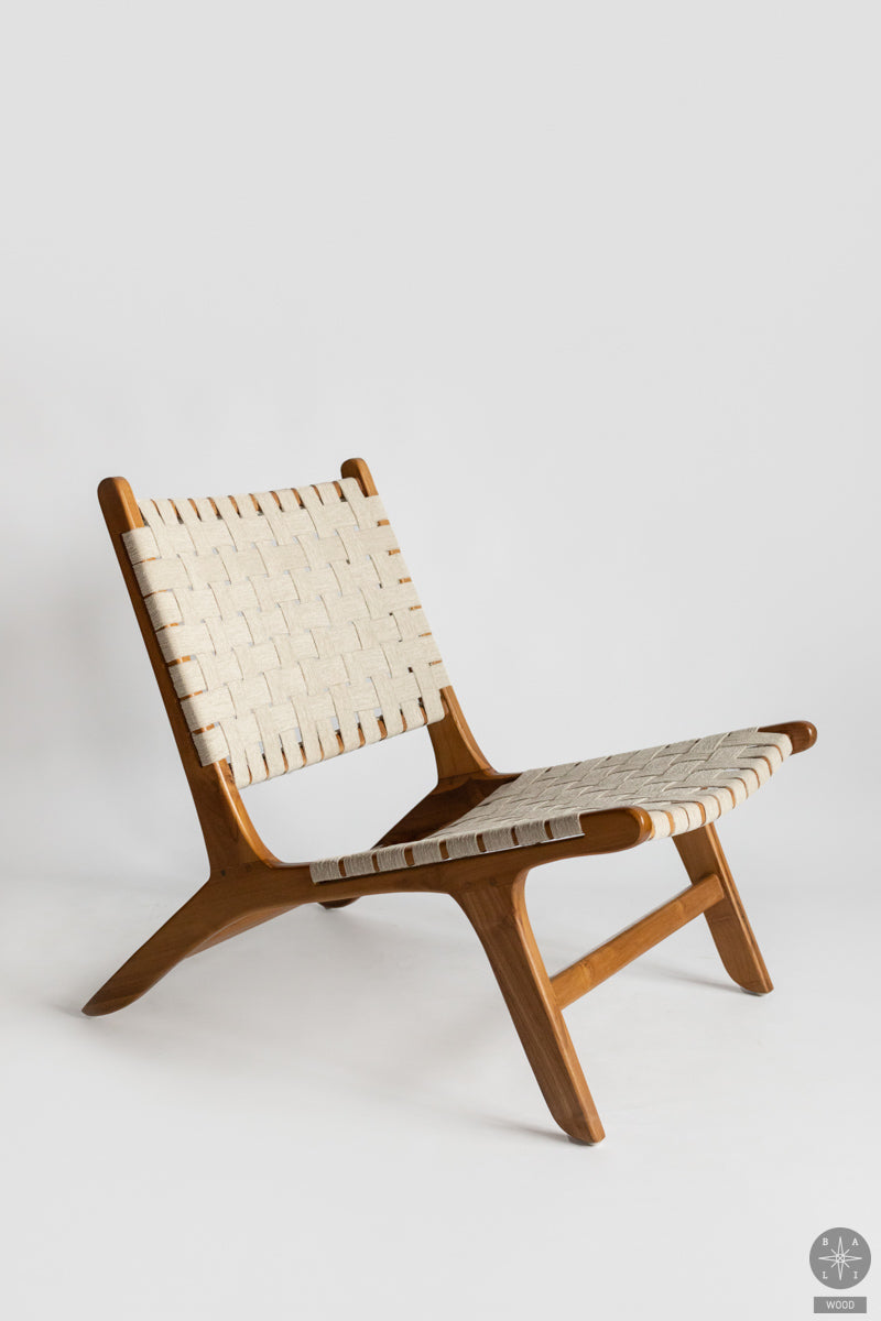 Teak wood low chair with fabric