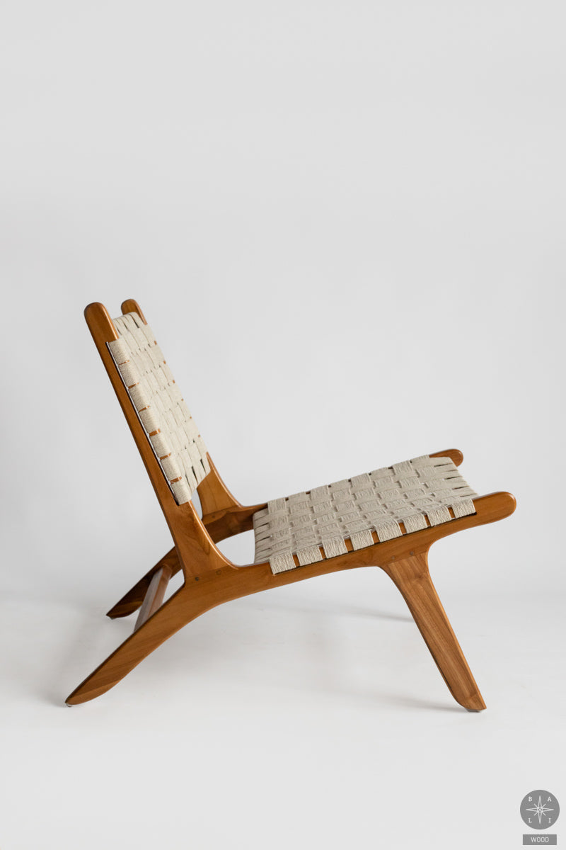 Teak wood low chair with fabric