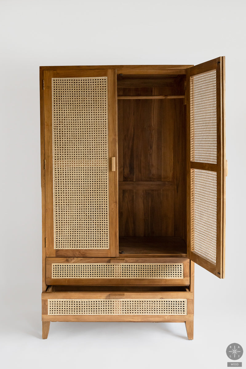Teak wood wardrobe with rattan