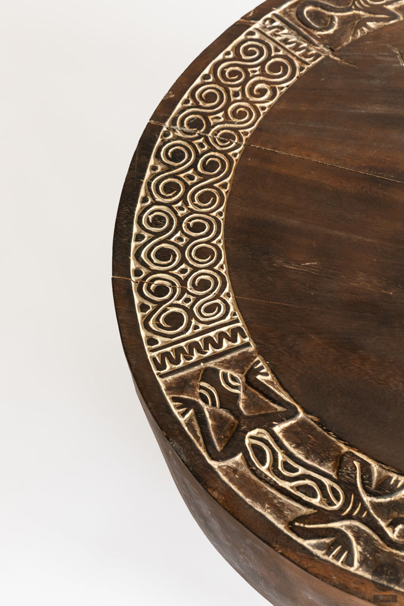 Primitive art teak wood coffee table