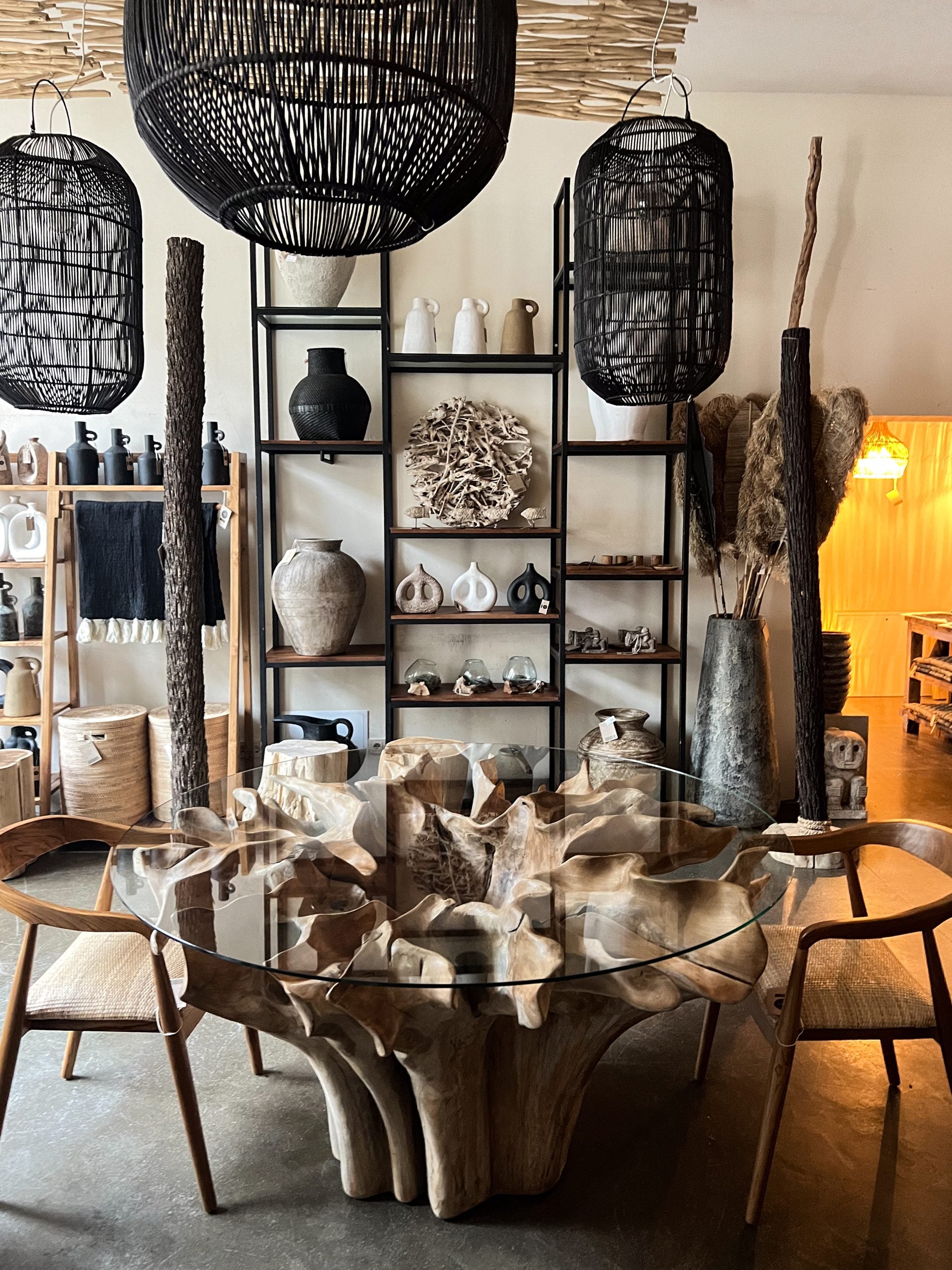 Teak wood root dining table with glass