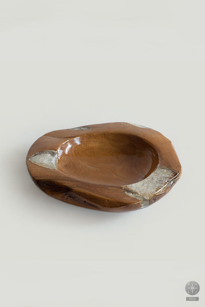 Teak wood plate with inlaid organic glass
